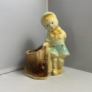 Vintage Shawnee Dutch Boy‎ Tree Stump Planter Vase 7" No 533 USA